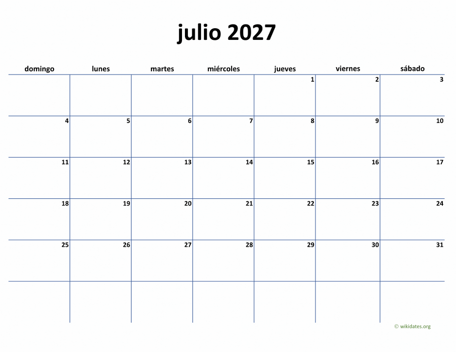 Calendario Julio 2027 de México