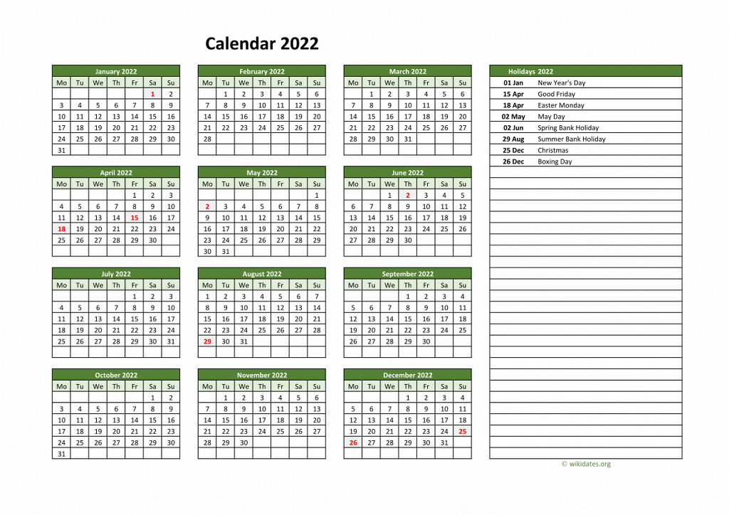 Calendar 2022 - United Kingdom | Wikidates.org