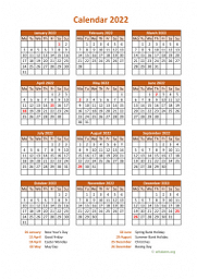 Calendar 2022 for UK 07