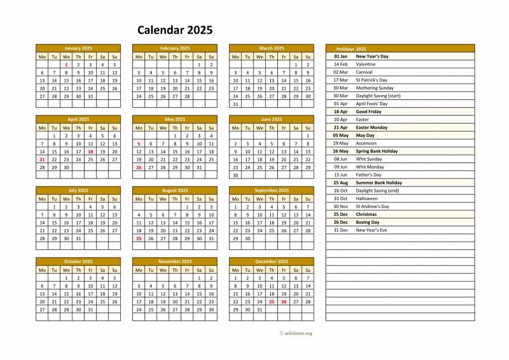 Calendar 2025 United Kingdom